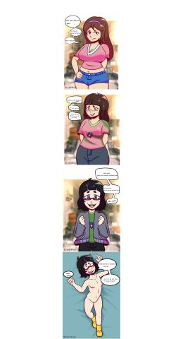 2koma big_breasts blue_eyes blush breasts_shrinking cleavage crop_top denim_shorts freckles freckles_on_face freckles_on_shoulders glasses imminent_sex lisp nerd nerdification nerdy_female nervous nervous_expression nervous_face nervous_smile nervous_sweat on_back on_bed pikachu small_breasts socks socks_only talking_to_viewer vagina zipher0null
