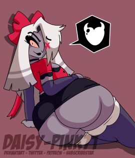 angel ass breasts daisy-pink71 eyelashes fallen_angel female hazbin_hotel huge_ass huge_breasts looking_back monster_girl moth short_skirt teasing tight_clothing vaggie_(hazbin_hotel) vivienne_medrano