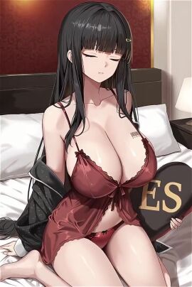 alternate_costume animated babydoll barcode barcode_tattoo bare_shoulders barefoot bed black_hair breast_tattoo breasts cleavage closed_mouth collarbone commentary_request d_(killer_wife)_(nikke) d_(nikke) female goddess_of_victory:_nikke hair_ornament hairclip heart heart-shaped_pillow indoors lamp long_hair looking_at_viewer masaki_nanaya navel off_shoulder on_bed panties pillow purple_eyes red_babydoll red_panties sitting solo tagme tattoo thighs underwear video wariza yes-no_pillow