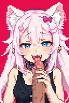 1boy animal_ear_fluff animal_ears bangs black_shirt blue_eyes blush breasts cat_ears censored closed_mouth collar fellatio female hair_between_eyes hair_ornament kemonomimi long_hair looking_at_viewer male mosaic_censoring multi_ear oral penis penis_grab pink_hair pixel pixel_(artwork) pixel_art pixelated pixelated_penis red_background shirt simple_background smile smug smug_face sniff sniffing sniffing_penis solo_focus straight upper_body virtual_youtuber yumekomoore