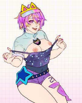 1girls ahoge aurix_"rixxy"_brightful blonde_hair breasts dark_areolae english_commentary english_text facial_mark female female_only fingernails furuyawn gradient_background grid_background heart heart-shaped_pupils heart_facial_mark highres holding_strap indie_virtual_youtuber leg_tattoo light-skinned_female light_skin medium_breasts multicolored_hair navel number_tattoo pink_eyes purple_hair purple_nails purple_shirt purple_shorts shirt short_hair shorts solo star_(symbol) star_facial_mark symbol-shaped_pupils tattoo two-tone_hair virtual_youtuber