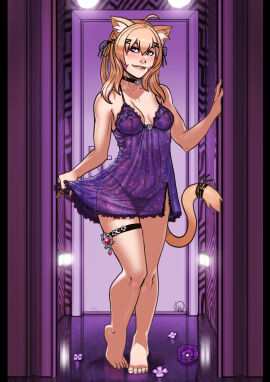 1girls animal_ears babydoll bangs bare_arms bare_legs bare_shoulders barefoot black_nails blonde_hair blush breasts cat_ears cat_girl cat_tail catgirl chemise choker cleavage collarbone dress ear_piercing face_markings feet female female_only full_body hair_ornament hair_ribbon indoors long_hair looking_at_viewer medium_breasts nail_polish panties piercing purple_dress red_eyes ribbon see-through short_dress side-tie_panties smile solo squchan_(vtuber) standing tail thigh_strap tongue tongue_out underwear virtual_youtuber vyugen