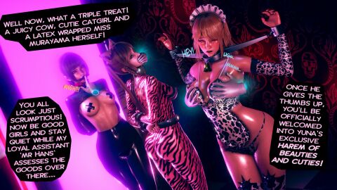 3d arms_behind_back arms_tied bad_end bodysuit bondage bound breast_grab breasts cat_ears cat_girl catgirl comic_page cow_girl cowbell dialogue female femsub gag gagged ghost_hands harem honey_select latex leggings maid maid_outfit mercierharrogate multiple_females multiple_girls original original_characters pasties restrained shiny_clothes shiny_skin slave slave_girl stockings submissive_female