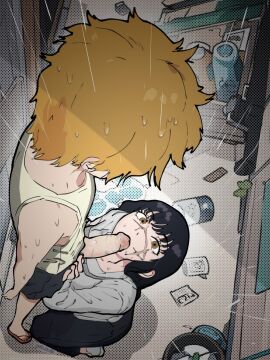 1boy 1girls 2024 big_penis black_hair black_king1997 blonde_hair chainsaw_man clothed color denji_(chainsaw_man) female imminent_oral male mitaka_asa penis raining scar scar_on_face yellow_eyes yoru_(chainsaw_man)