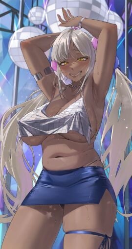 1girls archinoer belly_rolls bikini_top blonde_hair breasts chubby club dance_floor dancing dark-skinned_female dark_skin embarrassed female gyaru high-waist_skirt hololive hololive_english hololive_english_-council- huge_breasts long_hair midriff miniskirt nipples_visible_through_clothing panties short_skirt sideboob skirt slutwear smile tagme thong_above_skirt tomboyish tsukumo_sana twintails underboob virtual_youtuber yellow_eyes