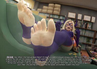 3d couch dialogue feet female foot_fetish foot_focus full_color giantess minoru_mineta mount_lady my_hero_academia no_penetration purple_clothing slimy solo solo_female sweaty sweaty_feet text