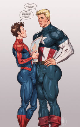 2boys abs abs_visible_through_clothing ass athletic athletic_male bara barely_contained bubble_ass bubble_butt bulge captain_america dicks_touching gay gay_male lytta_the_bug male male_only marvel marvel_comics penis penis_bulge peter_parker precum precum_on_penis revealing_clothes scene_interpretation scene_reference side_ass skimpy_clothes skintight spider-man steve_rogers yaoi