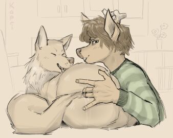 ambiguous_gender anal anal_fingering anthro anthro_on_feral anthro_penetrating anthro_penetrating_feral antlers canid canine canis closed_eyes clothing deer domestic_dog duo feral feral_penetrated fingering fingering_partner gay hi_res horn interspecies kapri male male/ambiguous mammal penetration sex sweater tongue tongue_out topwear yaoi zoophilia