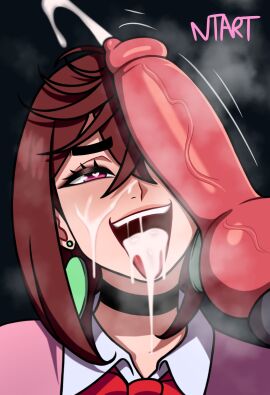 1boy animal_penis artist_name ayase_momo black_choker bow bowtie brown_hair choker collared_shirt commentary crossed_bangs cum cum_in_mouth cum_on_body cum_on_tongue cumdrip dandadan dog_penis earrings english_commentary facial female girthy_penis hair_between_eyes heart heart-shaped_pupils highres jewelry kami_high_school_uniform knotted_penis male medium_hair naughty_taboos one_eye_covered open_mouth pendant_earring penis penis_awe penis_on_face pink_eyes red_bow red_bowtie school_uniform shirt signature steaming_body straight symbol-shaped_pupils thick_eyebrows tongue veins veiny_penis zoophilia