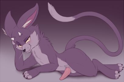 2018 3_toes anthro balls bedroom_eyes black_claws black_nose claws demon digitigrade domestic_cat erection feet felid feline felis front_view fur genitals horn long_tail lying male mammal meraence narrowed_eyes on_side penis pose purple_body purple_ears purple_fur purple_tail raised_tail seductive snout solo solo_male suggestive suggestive_look suggestive_pose tail tapering_penis teeth toe_claws toes whiskers white_horn