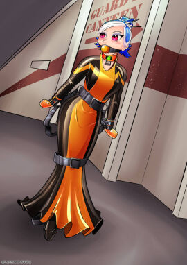 1girls ball_gag belt black_dress blue_hair bodysuit bondage bondage_mittens bound bound_hands breasts collar dress eyeshadow female female_only femsub fully_clothed gag gagged hair_bun hair_sticks high_heels hobble_dress makeup medium_breasts multicolored_dress multicolored_hair orange_dress original original_character plasma-dragon red_eyes white_hair wrist_cuffs