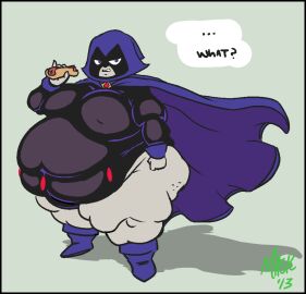 ... 1girls ass belly belly_overhang breasts cape cartoon_network cellulite dc dc_comics english_text fat female female_focus female_only grey_body hero heroine hips hood hood_up hoodie hot_dog hotdog jimman large_ass large_breasts leotard nipple_bulge overweight overweight_female purple_eyes rachel_roth raven_(dc) stomach teen_titans text thick_thighs thighs weight_gain wide_hips