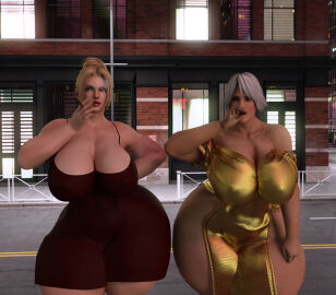 2girls 3d aged_up big_breasts blonde_hair breasts christie_(doa) cigar cleavage curvaceous curvy_body dead_or_alive dress_slit female holding_object huge_breasts light-skinned_female light_skin mature mature_female night nighttime ninja_gaiden rachel_(ninja_gaiden) smoking thick_thighs tkgbxard3d voluptuous voluptuous_female white_hair wide_hips
