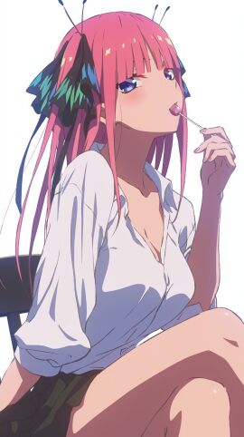 blue_eyes blush breasts busty female go-toubun_no_hanayome hair_ornament lollipop nakano_nino pink_hair white_shirt
