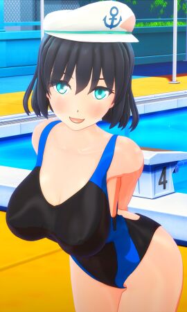 1girls 2024 3d armgvunasm arms_behind_back breasts female female_only light-skinned_female light_skin looking_at_viewer minamitsu_murasa mmd pool sailor_hat smiling_at_viewer solo_female solo_focus spirit swimsuit touhou undefined_fantastic_object