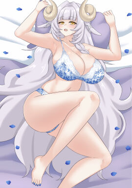 1girls animal_ears armpits bed_sheet belly_button blue_bra blue_lingerie blue_panties blush bra breasts cleavage esila_shephield eyebrows_visible_through_hair female female_only grey_hair horns huge_breasts indie_virtual_youtuber light-skinned_female light_skin lingerie lingerie_only on_bed open_mouth panties puffywaffles sheep_ears sheep_girl sheep_horns solo underwear virtual_youtuber white_bed_sheet yellow_eyes