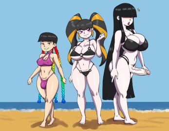 1girls 2futas asian bangs_over_eyes beach bikini black_lipstick blush braid breasts brown_eyes calamity_(marisfaraway) cleavage darkeros13 female futanari goth hair_over_eyes intersex lain_(marisfaraway) large_breasts light-skinned_female light_skin long_black_hair looking_at_viewer ocean original original_character original_characters pale-skinned_female pale-skinned_futa pale_skin penis penis_bulge precum rainbow_hair sky smile wardrobe_malfunction yumi_(marisfaraway)