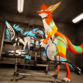 1:1 3d_(artwork) absurd_res anal anal_sex animal_genitalia animal_penis anthro anthro_on_anthro anthro_penetrated anthro_penetrating anthro_penetrating_anthro arms_tied ball_gag balls basement biped black_body black_fur blender_(artwork) blender_cycles blindfold blue_body blue_fur blue_penis bodily_fluids bondage bound breeding_mount canid canine canine_genitalia canine_penis canis claws clothing cuffs_(clothing) cum cum_drip cum_dripping_from_penis cum_on_penis depth_of_field digital_media_(artwork) dominant dragonplayer dragonplayer_(character) dripping duo erection fox fur gag gagged gagging genital_fluids genitals green_body green_fur grey_body grey_fur hair hi_res inside jex jexouium knot knuffelfratz legs_tied legwear male male/male male_penetrated male_penetrating male_penetrating_male mammal multicolored_body nude open_mouth orange_body orange_fur orgasm paws penetration penile penile_penetration penis penis_in_ass reflection restraints rexouium sex sex_dungeon slim slim_anthro slim_male slim_sub smile standing submissive submissive_male tail white_body white_fur yellow_body yellow_fur