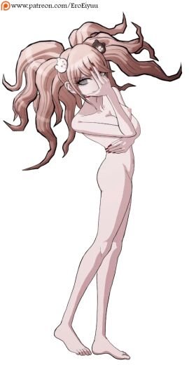 arm_under_breasts artist_name bare_arms bare_legs bare_shoulders bare_stomach barefoot bear_hair_ornament blonde_hair blue_eyes breasts completely_nude danganronpa danganronpa:_trigger_happy_havoc danganronpa_(series) eroeiyuu feet female female_focus fingernails gyaru hair_ornament hand_on_own_face hand_to_head jojo_pose junko_enoshima long_hair looking_at_viewer navel nipples nude nude_filter official_art patreon_username pussy red_nails signature simple_background solo third-party_edit toes transparent_background twintails