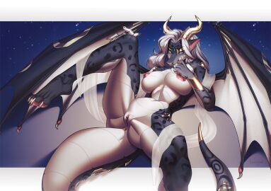 altynshine_dragons anthro armor aura_(aurasentinel) bedroom_eyes blue_eyes bracers breasts claws dragon felid female finger_claws genderfluid genitals gold_(metal) gold_jewelry hair horn hybrid jewelry kouseykai looking_at_viewer mammal membrane_(anatomy) membranous_wings mythological_creature mythological_scalie mythology narrowed_eyes nipples nonbinary_(lore) pantherine reclining_pose ribbons scales scalie seductive simple_background smile smiling_at_viewer smirk smirking_at_viewer snow_leopard solo spots tail translucent vulva wings