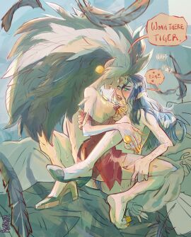 2d 2girls absurdres anonymoose areolae black_hair breasts chest_jewel disney disney_channel dress_slip eda_clawthorne english english_text eye_contact feathers female female/female female_focus female_only green_eyes grey_hair harpy harpy_eda high_heels highres incest insect lilith_clawthorne long_hair looking_at_another multicolored_hair multiple_females multiple_girls nipples oerba_yun_fang pointy_ears saliva saliva_trail siblings sisters smooth_skin streaked_hair sweat text the_owl_house thighs very_long_hair yellow_eyes yuri