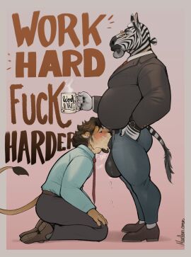 2024 absurd_res anthro anthro_on_anthro anthro_penetrated anthro_penetrating anthro_penetrating_anthro balls beard beverage big_balls biped black_balls black_body black_bottomwear black_clothing black_fur black_pants black_penis black_suit blue_bottomwear blue_clothing blue_pants blue_shirt blue_topwear blush bodily_fluids bottomwear brown_body brown_fur brown_hair brown_mane clock clothing container cum cum_in_mouth cum_inside cum_on_face cup deepthroat digital_media_(artwork) duo english_text equid equine eyewear facial_hair felid fellatio footwear fur genital_fluids genitals glasses hair hi_res holding_beverage holding_container holding_cup holding_object huge_balls interspecies kneeling lion male male/male male_anthro male_penetrated male_penetrating male_penetrating_male mammal mane marlon.cores multicolored_body multicolored_fur necktie office_clothing oral oral_penetration overweight overweight_anthro overweight_male pantherine pants penetration penis penis_in_mouth prey_penetrating_predator red_necktie sex shirt shoes striped_body striped_fur stripes suit tan_body tan_fur text topwear two-tone_body two-tone_fur watch white_body white_fur wristwatch zebra