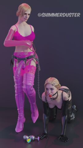 ball_gag boots collar dbd gag kate_denson latex_boots latex_gloves lesbian_sex lingerie meg_thomas pleaser_heels stockings strap-on yuri