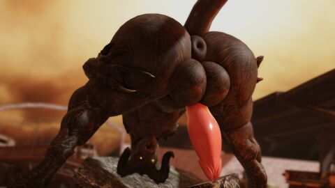 16:9 2_horns 3d 3d_(artwork) anus ass balls bethesda_softworks big_anus big_ass big_balls big_butt black_body blurred_background brown_body claws deathclaw destroyed_building digital_media_(artwork) fallout genitals glowing glowing_eyes hi_res horn huge_ass huge_butt looking_back male male_only monster penis post-apocalyptic presenting presenting_hindquarters puffy_anus raised_tail reptile roblox scalie sky solo solo_male spikes standing tail thick_thighs widescreen willie_piv