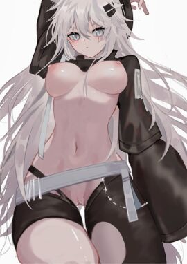 arknights arms_up bottom_view breasts breasts_out cookie_(ppyf5328) exposing_breasts exposing_chest exposing_pussy female hip_dips lappland_(arknights) large_breasts long_hair looking_at_viewer looking_down low-angle_view low_view midriff navel no_panties pantyless partially_clothed pussy scar thick_thighs thigh_gap thighs tummy underboob white_hair wolf wolf_ears wolf_girl