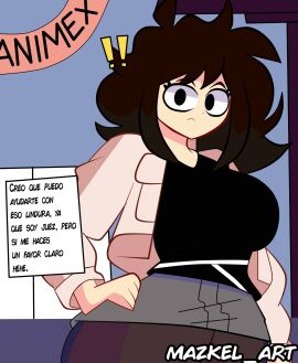 !! 1girls ass big_ass big_breasts breasts brown_hair female female_focus female_only fully_clothed looking_at_viewer mazkel_art original spanish_text translation_request
