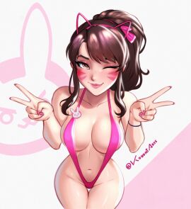 1girls 2024 alternate_costume alternate_hairstyle artist_name bikini blizzard_entertainment blush breasts brown_eyes brown_hair cleavage d.va double_v face_markings female female_only hana_song highres konomidraw large_breasts light-skinned_female light_skin looking_up nail_polish navel one_eye_closed overwatch overwatch_2 peace_sign ponytail sideboob sling_bikini slingshot_swimsuit solo solo_female swimsuit thick_thighs v watermark wide_hips wink