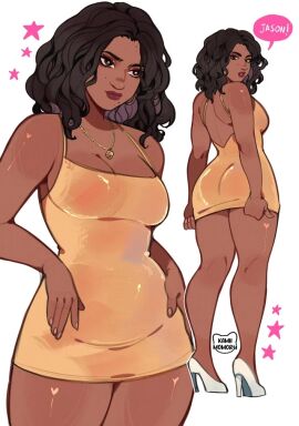 1girls ass big_ass big_breasts black_hair breasts brown_eyes brown_hair dress english_text female female_only grand_theft_auto grand_theft_auto_vi heels kamii_momoru latina lucia_caminos makeup necklace puerto_rican solo speech_bubble white_background