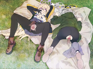 2girls all_fours anus ass black_pantyhose blonde_hair blue_archive boots disembodied_limb disembodied_penis female fingering fingering_partner g141 glasses gloves grass grey_hair halo hare_(blue_archive) hare_(camp)_(blue_archive) hat highres hood hood_down jacket kotama_(blue_archive) kotama_(camp)_(blue_archive) long_hair lying male millennium_science_school_student multiple_females multiple_girls on_back panties_aside pantyhose penis pleated_skirt purple_eyes pussy scarf sex shoes skirt sneakers torn_clothes torn_pantyhose uncensored unworn_hat unworn_headwear vaginal_penetration veritas_(blue_archive) very_long_hair