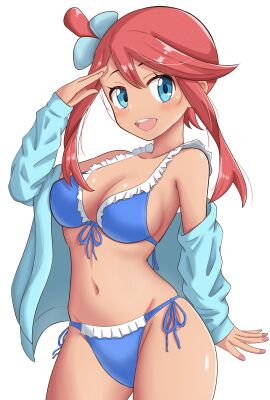 1girls absurdres bikini blue_eyes breasts creatures_(company) female game_freak highres jacket latina long_hair maho_(corotonton5150) medium_breasts nintendo pokemon pokemon_bw red_hair skyla_(pokemon) swimsuit tan_skin