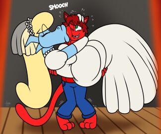 1boy 1girls 2d 2d_(artwork) alice_(jamearts) arms_around_partner big_lips blonde_hair blue_body carrying carrying_partner cat_boy cat_ears cat_tail closed_eyes dragon dragon_girl female flat_colors furry green_eyes jamearts jimmy’s_sloppy_life kissing long_hair male male/female paws red_fur red_hair saliva saliva_drip scalie size_difference triskat_(vrrychrry17) wedding_dress wedding_lingerie wedding_veil