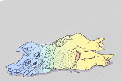 animal_skin anthro bandai_namco bodily_fluids claws cloacal_penis digimon digimon_(species) drooling drooling_tongue erection gabumon genital_fluids hi_res horn leaking lying male male_only on_side p.v.su penis precum saliva scalie sleeping solo tail tongue wet_dream