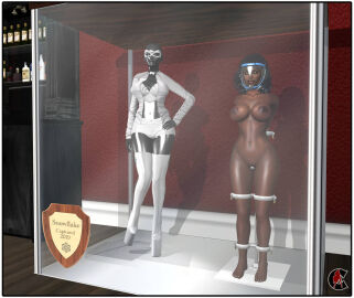 3d big_breasts bondage bound bound_legs bound_wrists breasts captured centrilia completely_nude dark-skinned_female dark_skin female femsub human_trophy living_trophy mannequin nude nude_female original original_character stationary_restraints trophy_case