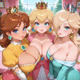 3girls ai_assisted ai_generated ass big_ass big_breasts big_butt blonde_female blonde_hair blue_eyes blue_eyes_female breasts brown_eyes crown from_above from_above_view high_quality highres huge_ass huge_breasts huge_butt lay-oreo lips looking_at_viewer low_neckline mario_(series) mario_bros patreon patreon_reward princess princess_daisy princess_peach princess_rosalina seductive seductive_look seductive_smile smile tagme thick_thighs thighs