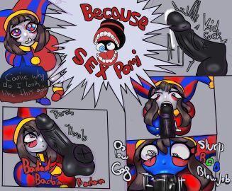 aimless blowjob caine_(the_amazing_digital_circus) clothed clothed_female color colored dialogue female glitch_productions male onomatopoeia oral penis pomni_(the_amazing_digital_circus) sex text the_amazing_digital_circus throbbing_penis