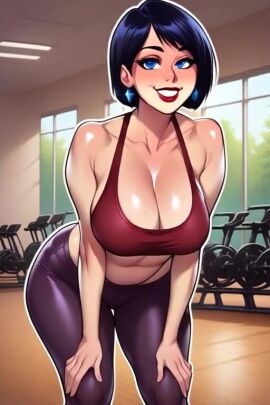 2d ai_generated animated cartoon cartoonish cartoony curvy gym leggings looking_at_viewer melkor_mancin_(style) mommy mother needmymommy older_female tagme video western_art