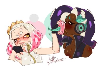 donut female hyper_lips killartxxx long_tongue marina_(splatoon) pearl_(splatoon) saliva_on_tongue splatoon splatoon_2 sweat yuri