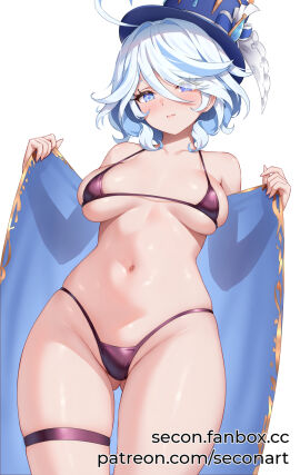1girls 2d 2d_(artwork) alternate_version_available belly_button bikini bikini_bottom bikini_top black_bikini black_bikini_bottom black_bikini_top black_swimsuit black_thong black_thong_bikini blue_hair blush bra breasts embarrassed_female female female_focus female_only furina_(genshin_impact) genshin_impact hair_over_one_eye hat heterochromia light-skinned_female light_skin looking_at_viewer medium_breasts micro_bikini navel revealing_swimsuit secon short_hair simple_background slim_female solo solo_female solo_focus standing swimsuit thong thong_bikini two-tone_hair two_piece_swimsuit white_background white_hair young younger_female