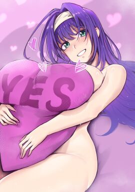 1girls breasts female fire_emblem fire_emblem:_path_of_radiance fire_emblem:_radiant_dawn green_eyes hairband large_breasts looking_at_viewer mia_(fire_emblem) nintendo pillow pillow_grab pillow_hug purple_hair thick_thighs thighs vialnite yes_pillow