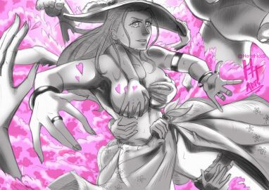 1girls black_hair color convenient_censoring female female_focus female_only flower hand_on_hip hands_on_breasts herothiccsan nico_robin one_piece solo_female