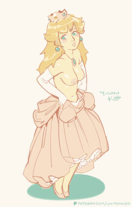 1girls areolae blonde_hair blue_eyes breasts clothes_around_waist crown dress earrings elbow_gloves eyelashes female female_only full_body gloves highres jewelry limited_palette long_hair mario_(series) medium_breasts mini_crown navel necklace nintendo nipples pink_dress princess_peach solo sphere_earrings stomach topless undressing white_gloves wintonkidd