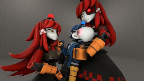 1080x1920 1boy 2girls 3d 3d_(artwork) :3 big_breasts blue_hair breasts breasts_bigger_than_head breasts_out dell_spencer female goodenough10 grabbing_from_behind handholding head_between_breasts holding_hands humanoid male mimi_sentry mimi_sentry_(zzwz) red_hair restrained robot robot_boy robot_girl skirt smug_face smug_grin source_filmmaker straight tagme team_fortress_2 trapped