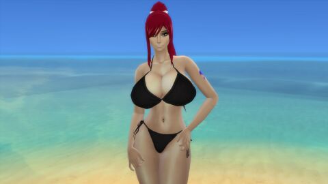 1girls 3d beach bikini black_bikini erza_scarlet fairy_tail female female_only red_hair side-tie_bikini solo swimsuit the_sims the_sims_4 theooze
