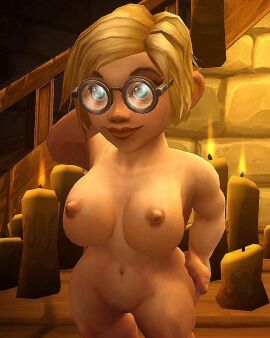 arm_behind_head arm_up blonde_hair blue_eyes breasts charlotte_fizzles cute female freckles freckles_on_face glasses gnome gnome_(warcraft) gnome_female hard_nipples nipples original_character roleplay_character short_hair shortstack teasing warcraft world_of_warcraft