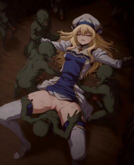 1girls 6+boys ai_generated blonde_hair cave crying darkness dress_lift gangbang goblin_rape goblin_slayer green_skin group_sex hat open_mouth pointy_ears priestess_(goblin_slayer) restrained sex vaginal_penetration vaginal_sex video