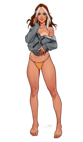 1girls 2d 2d_(artwork) areolae barefoot bikini_bottom breasts brown_hair earrings female female_focus female_only green_eyes hi_res high_resolution highres hoodie looking_at_viewer marvel marvel_comics minko necklace olena_minko rogue_(x-men) simple_background smile smiling_at_viewer solo solo_female solo_focus two-tone_hair white_hair x-men